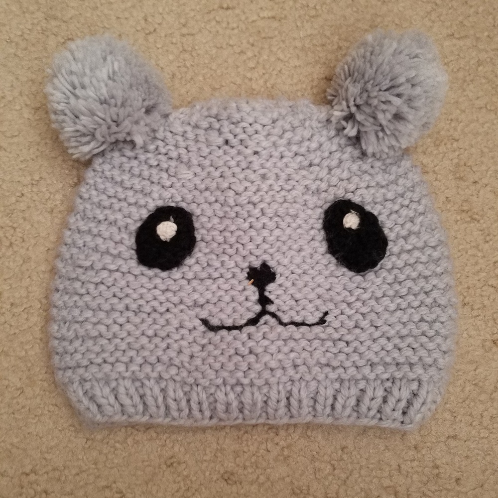 Cable Knit Gray Panda Face Pom Pom Beanie